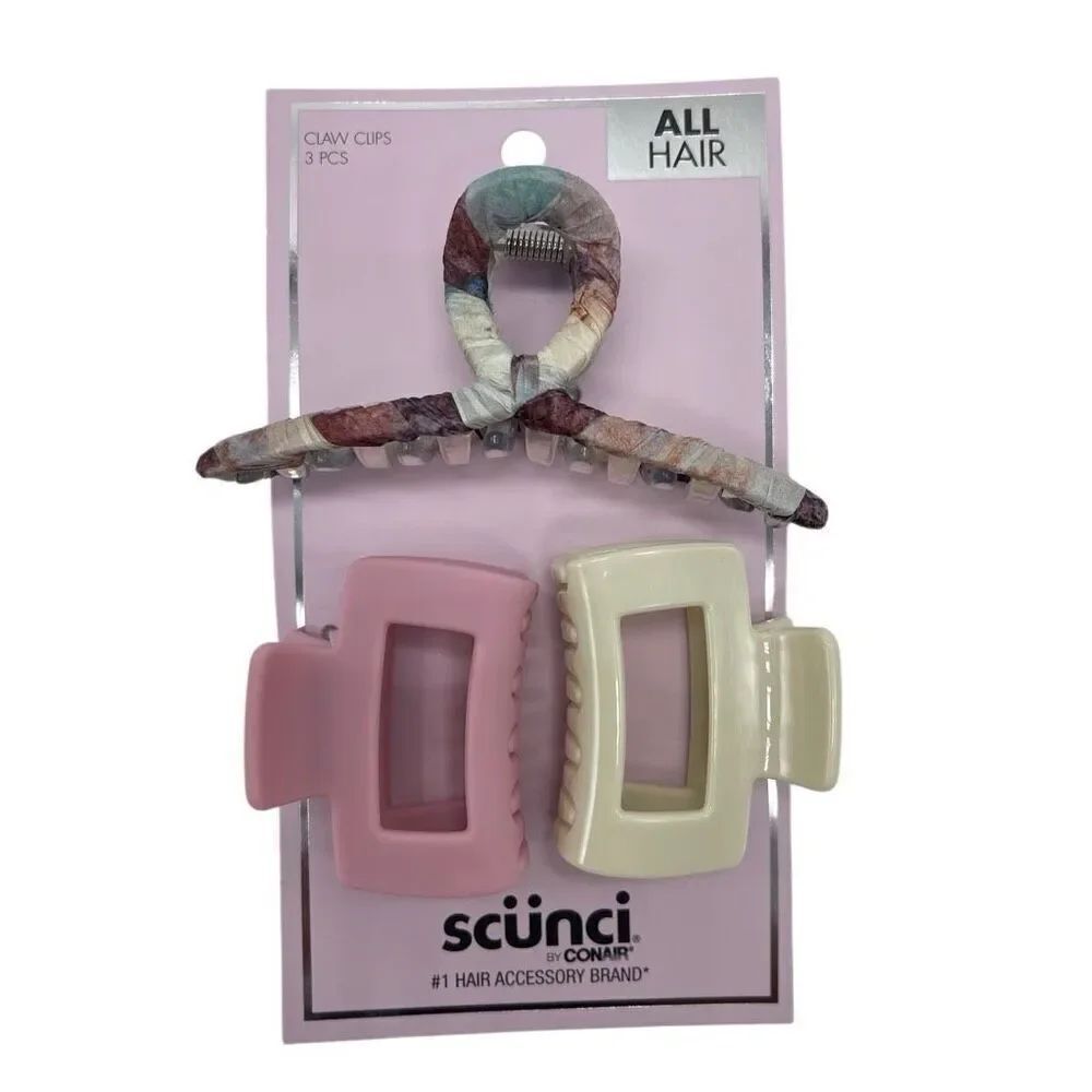 Scunci 3pc Claw Clip Set – 1 Large Fabric + 2 Small Solid Clips, All Hair Types